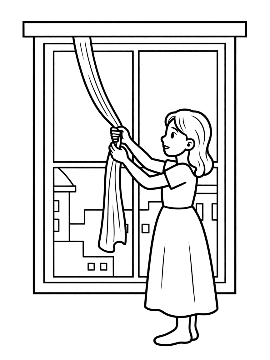 Rahab hanging a red cord from her window.