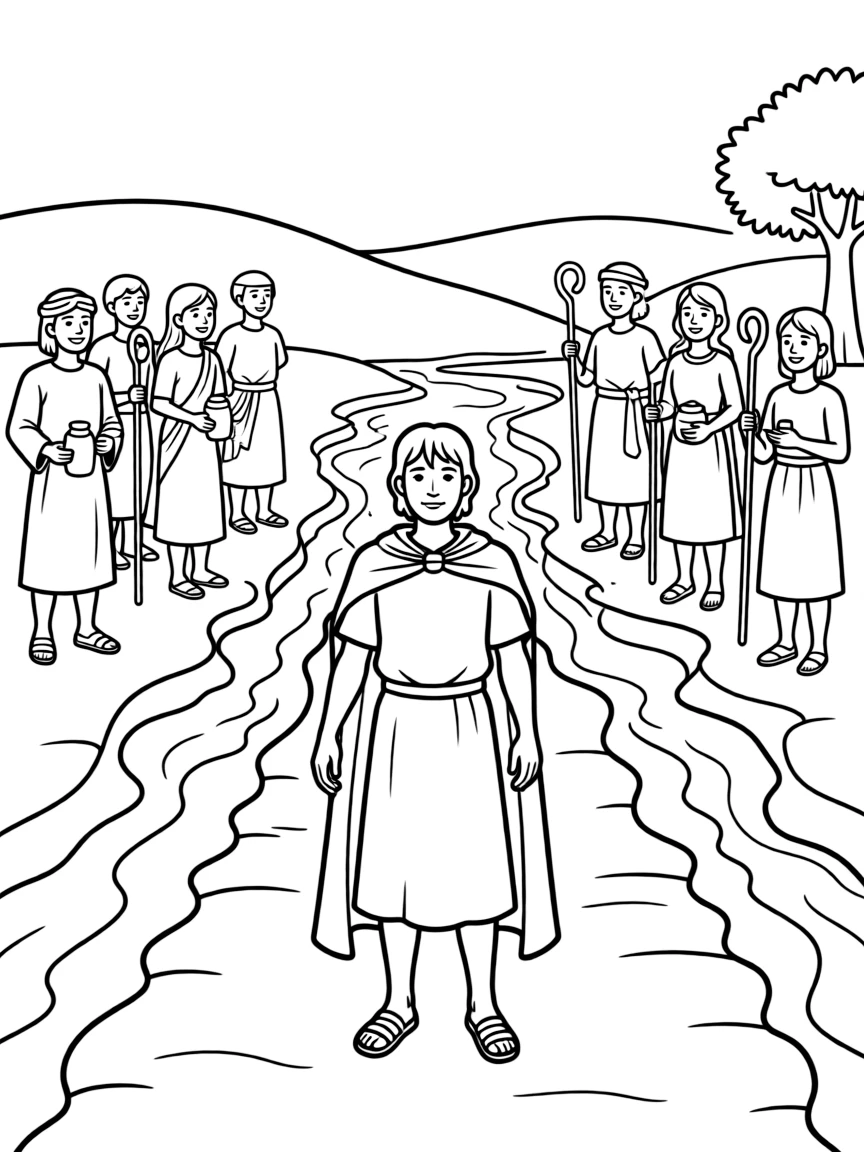 Joshua leading the Israelites across the Jordan River on dry ground.