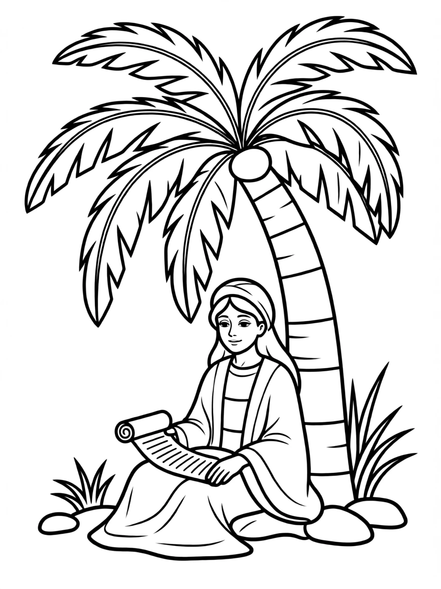 Deborah, a prophetess and judge, sitting under a palm tree.
