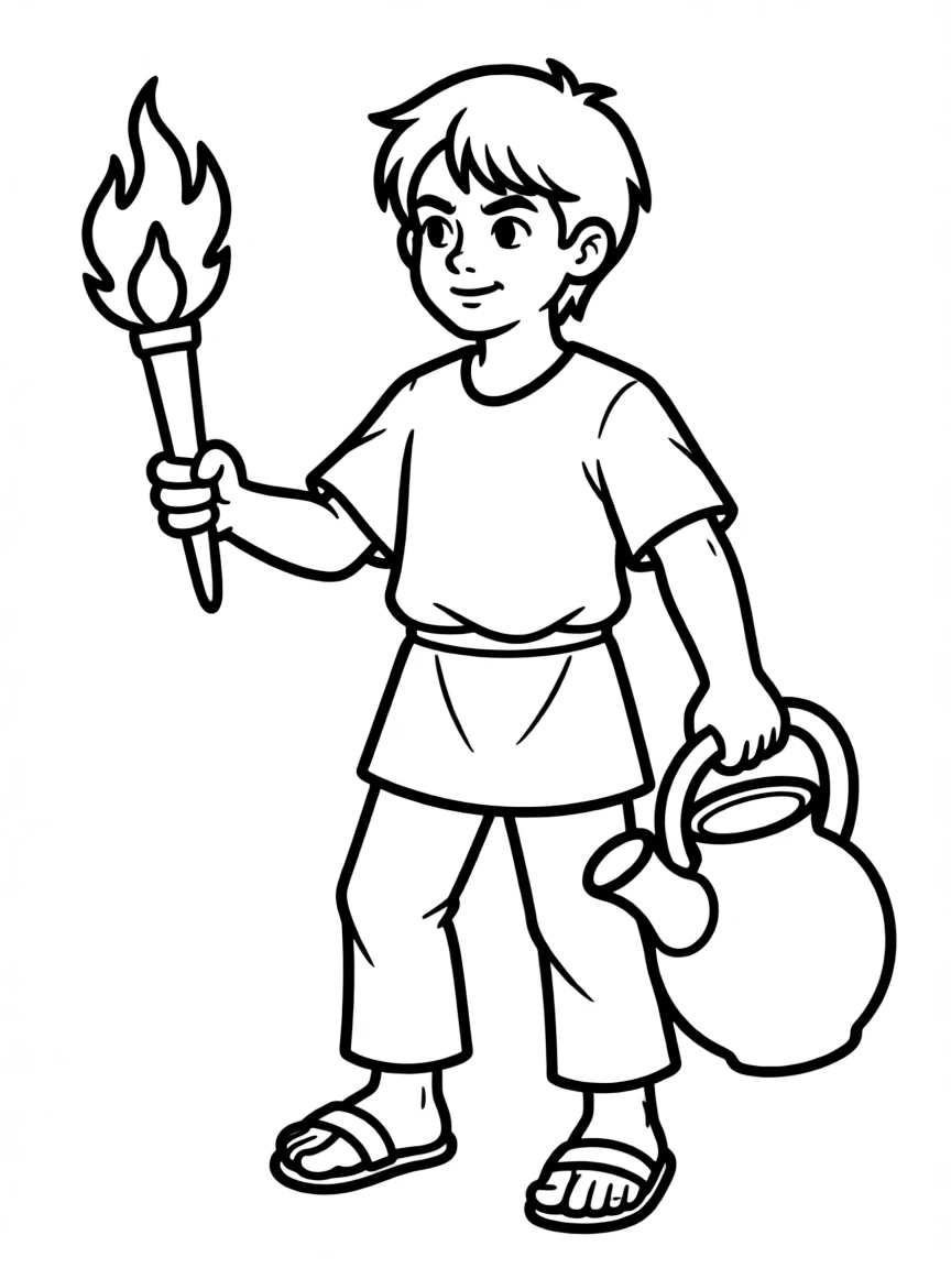 Gideon preparing to fight with a torch and pitcher.