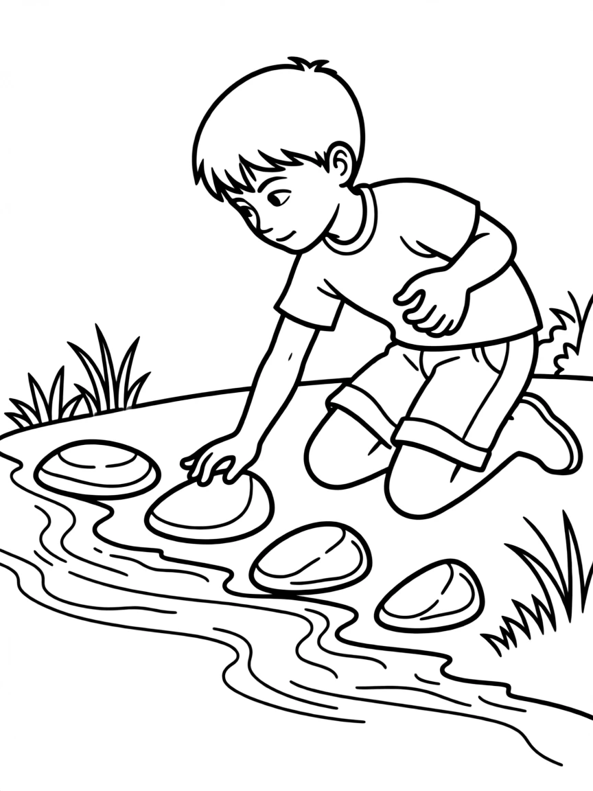 David picking five smooth stones from a stream.