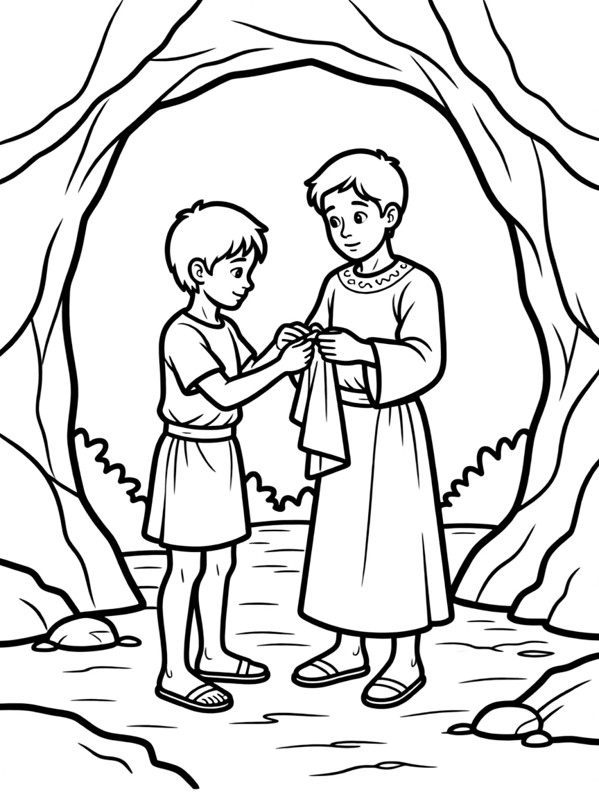 David cutting off a piece of Saul's robe in the cave.