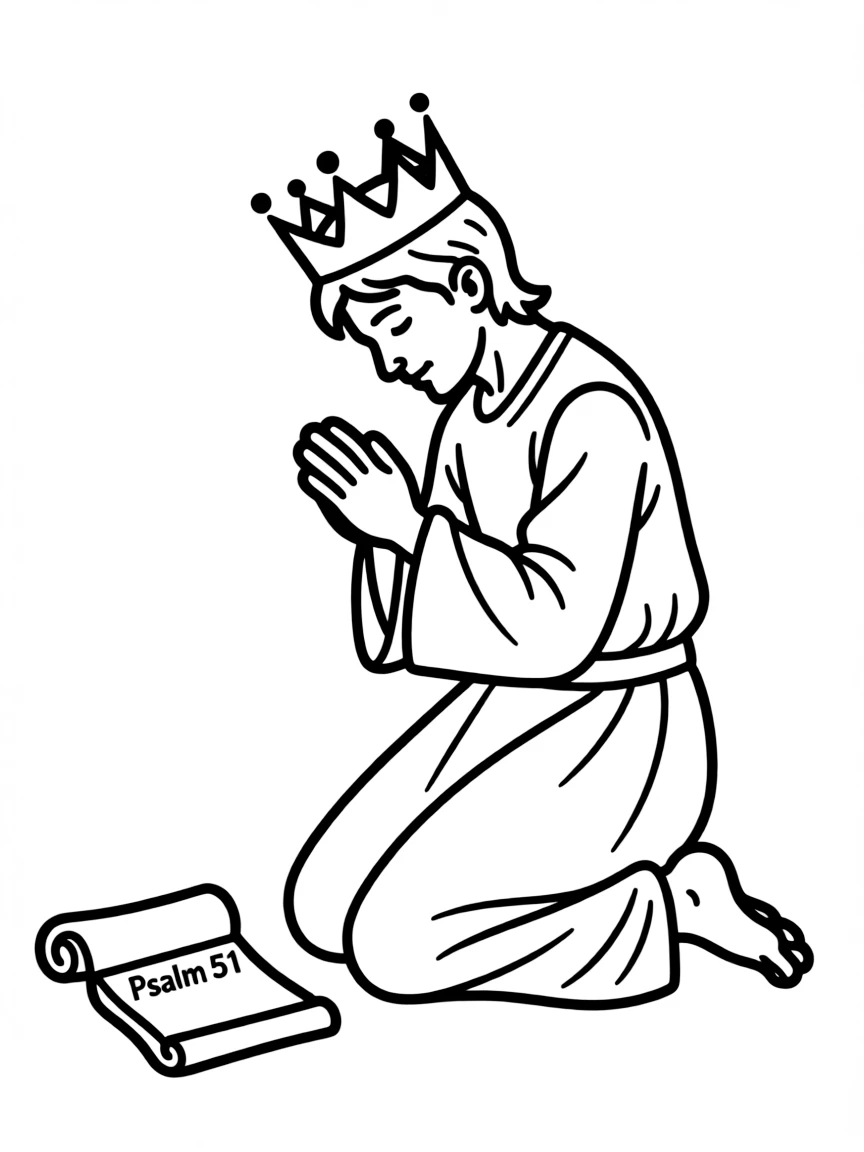King David repenting for his sin, kneeling in prayer.