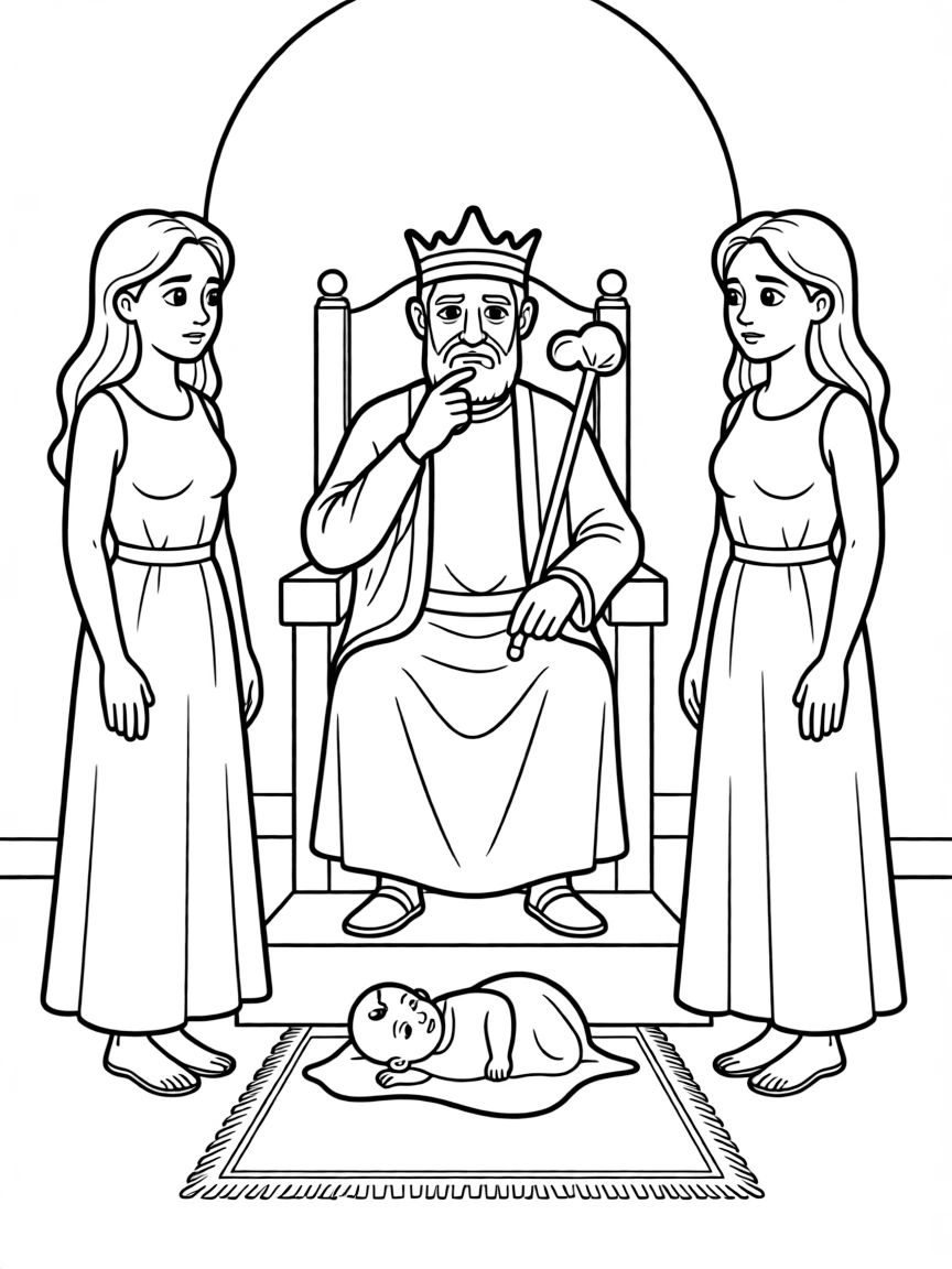 Solomon judging the two women with one baby.