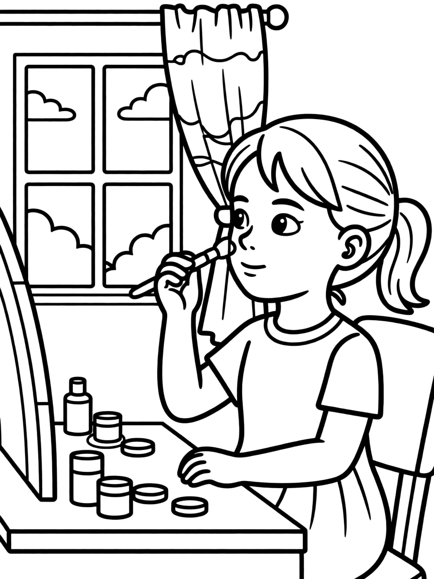 Jezebel painting her face and looking out a window.
