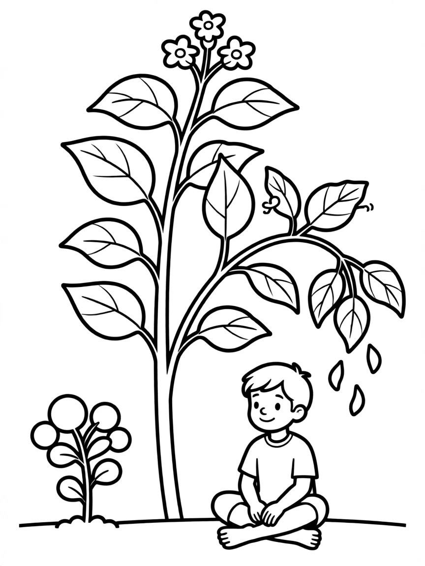 Jonah sitting under a plant that grows and then withers.