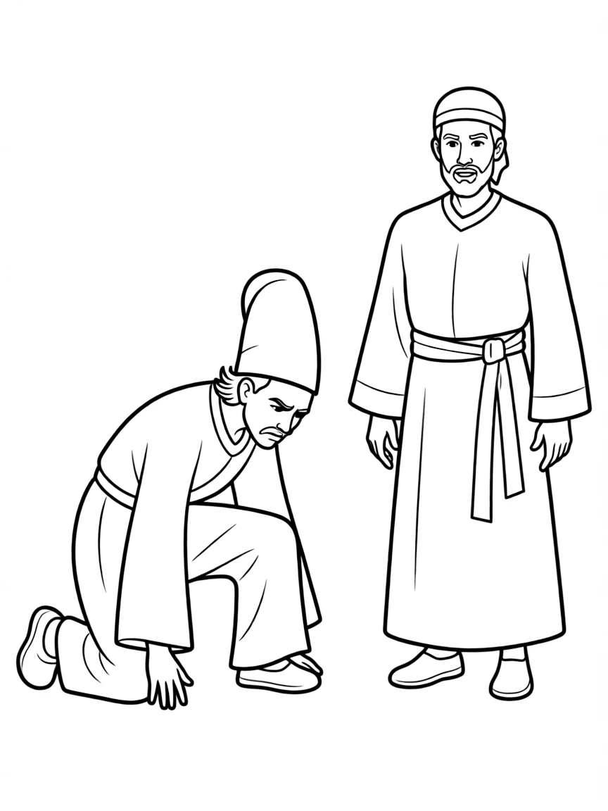 Haman bowing down to Mordecai, looking angry.