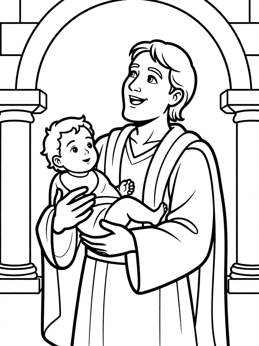 Simeon holding baby Jesus in the temple and praising God.