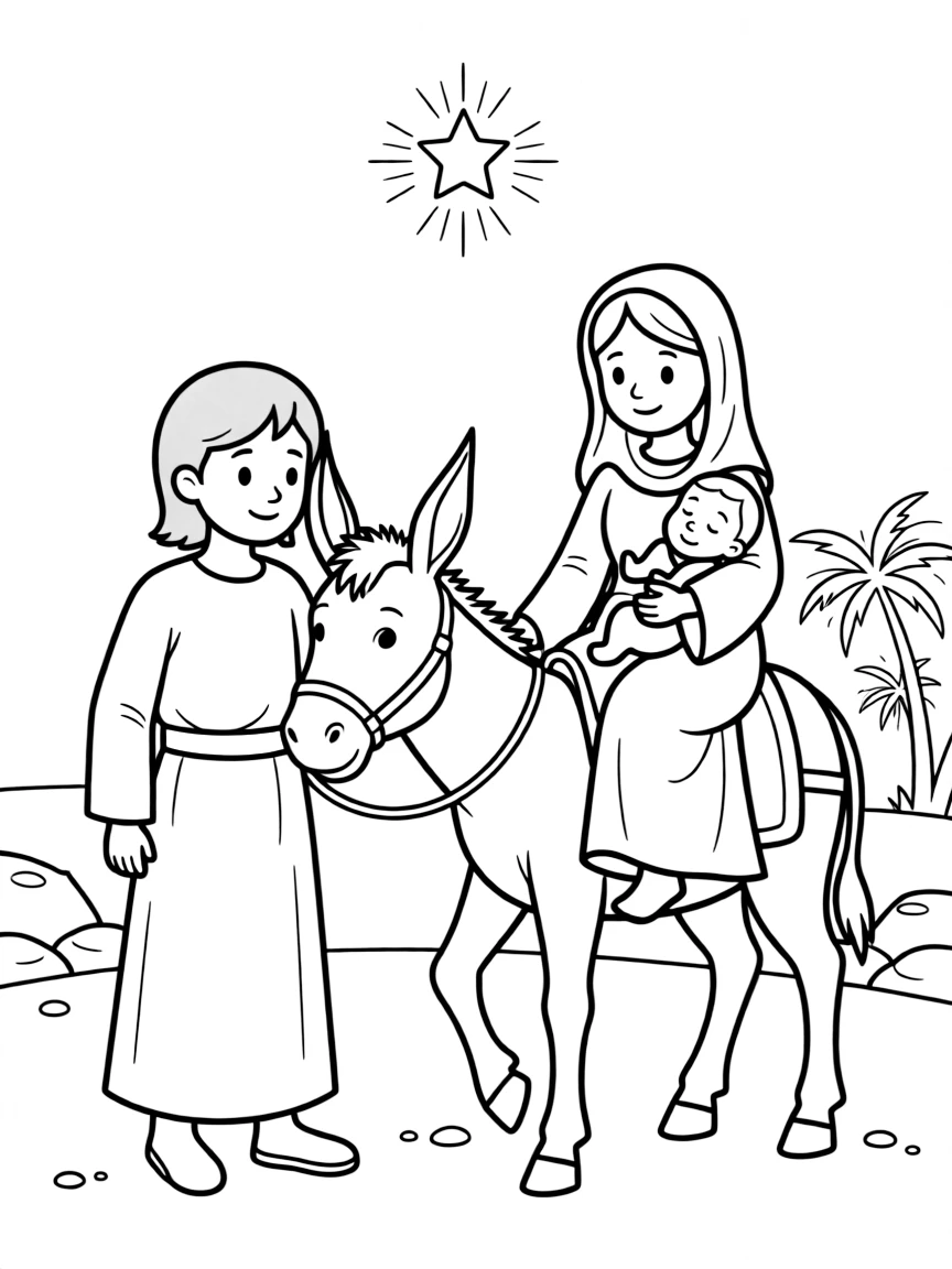 Jesus' family fleeing to Egypt on a donkey.