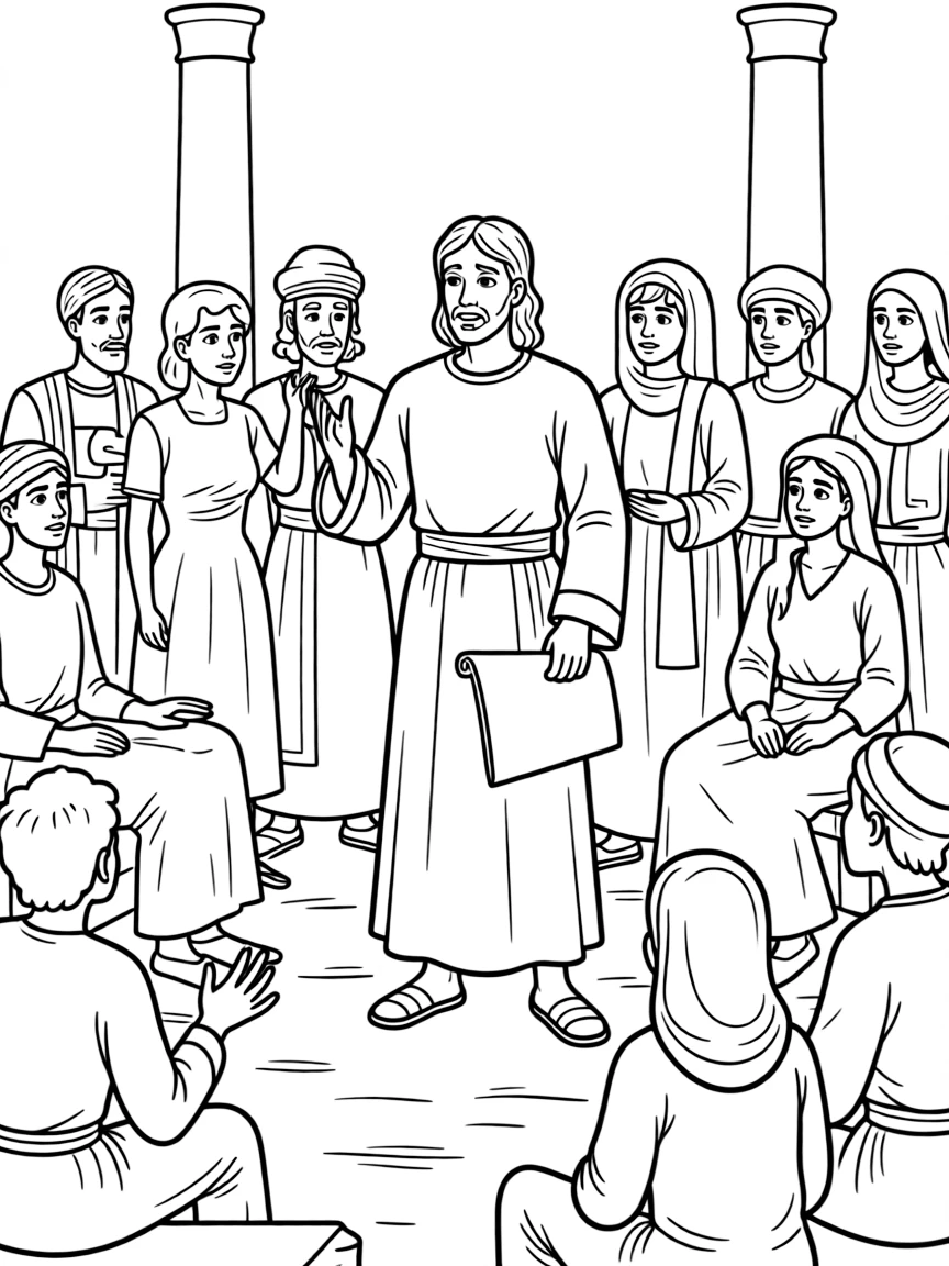 Jesus teaching in the synagogues, with people listening intently.
