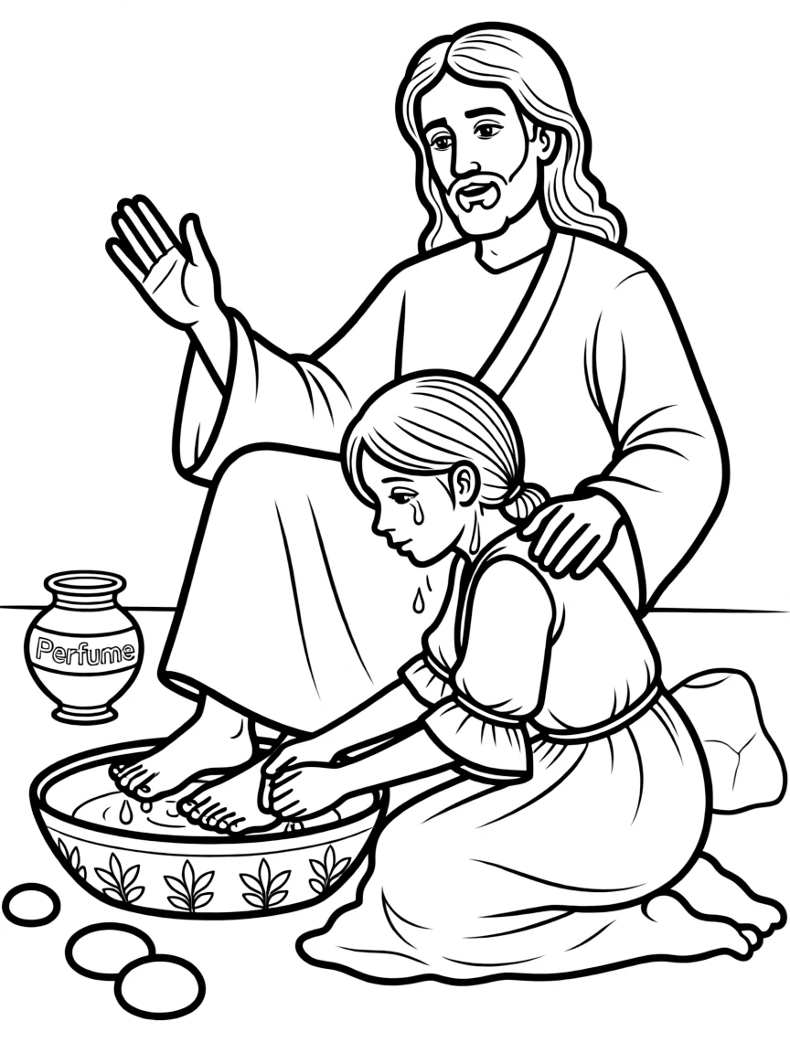 Jesus forgiving a sinful woman who washes his feet with her tears.