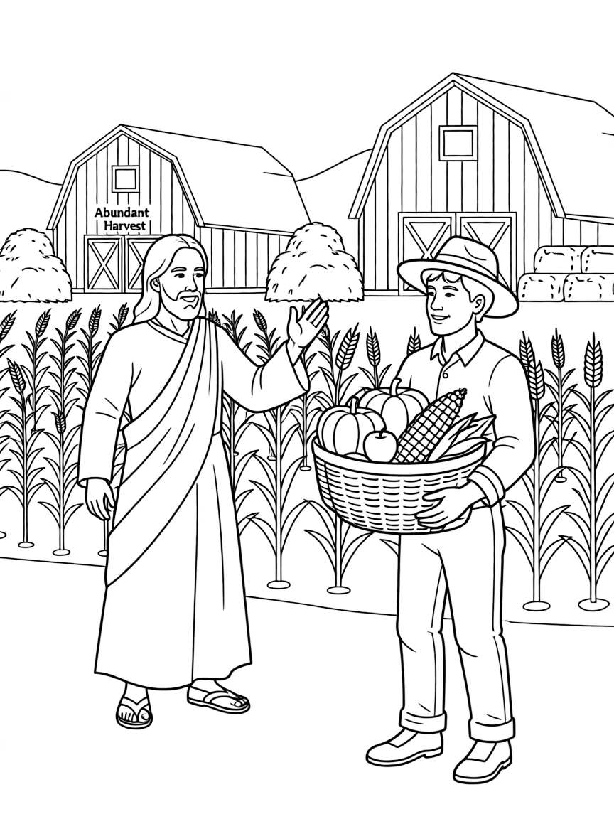 Jesus telling the parable of the rich farmer's abundant harvest.