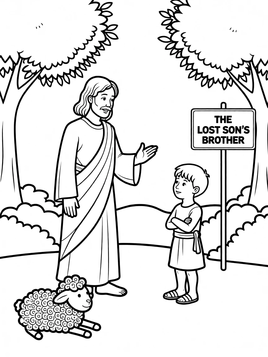Jesus telling the parable of the lost son's brother being upset.