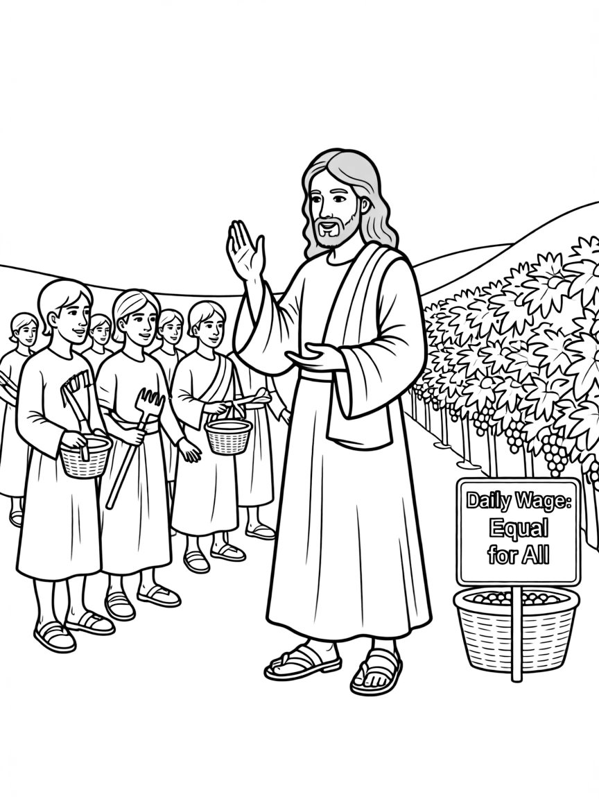 Jesus telling the parable of the laborers in the vineyard, all getting the same wage.
