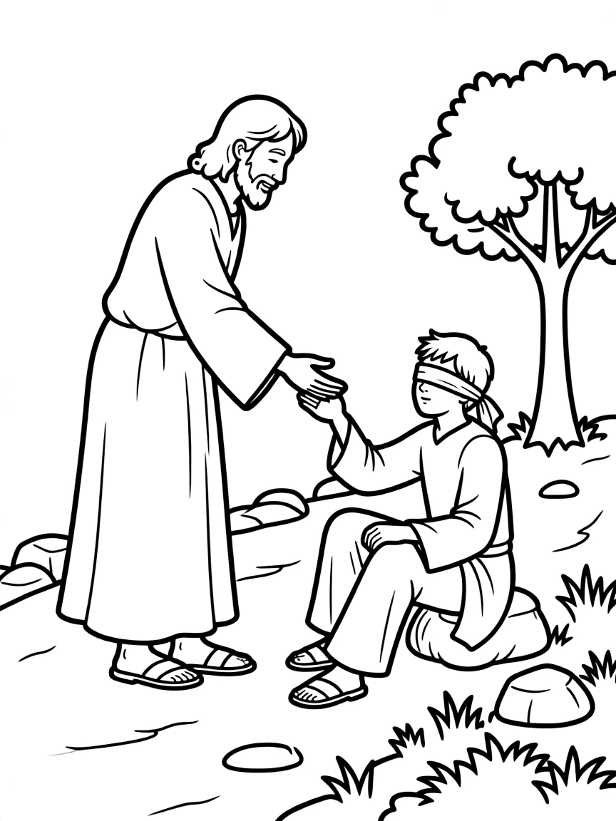Jesus healing blind Bartimaeus by the roadside.