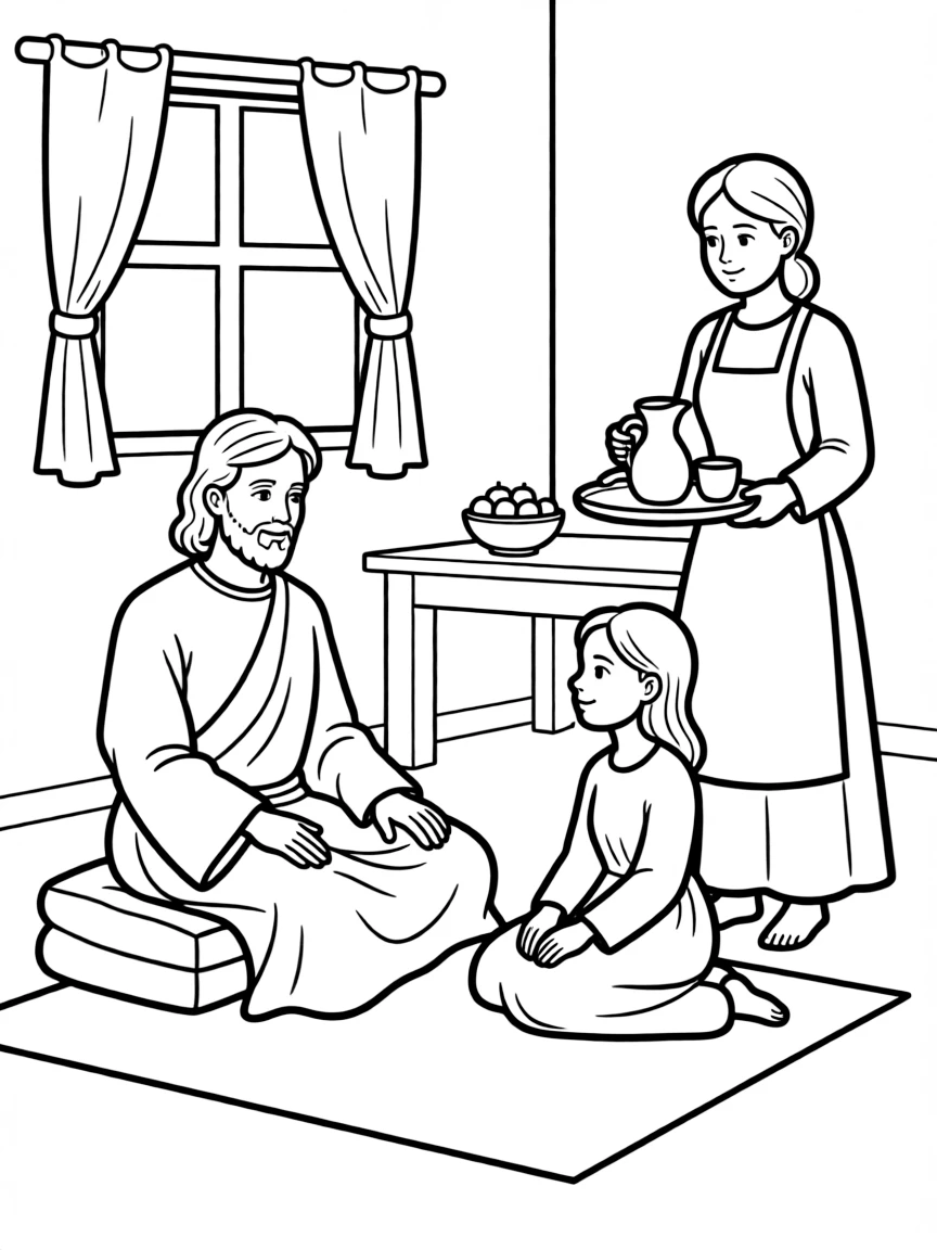 Jesus at the home of Mary and Martha, with Mary listening at his feet.