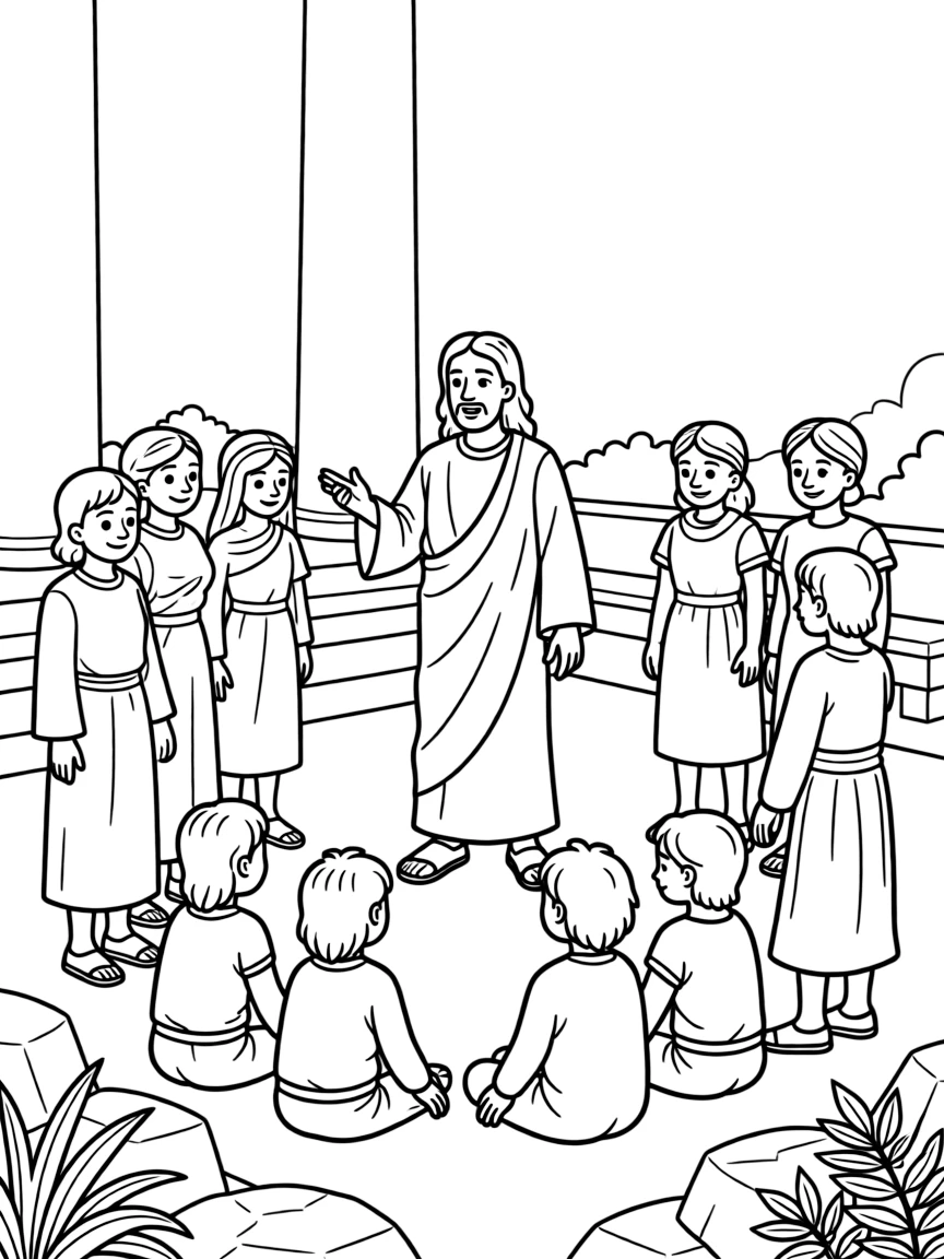 Jesus teaching in the temple, with crowds around him.