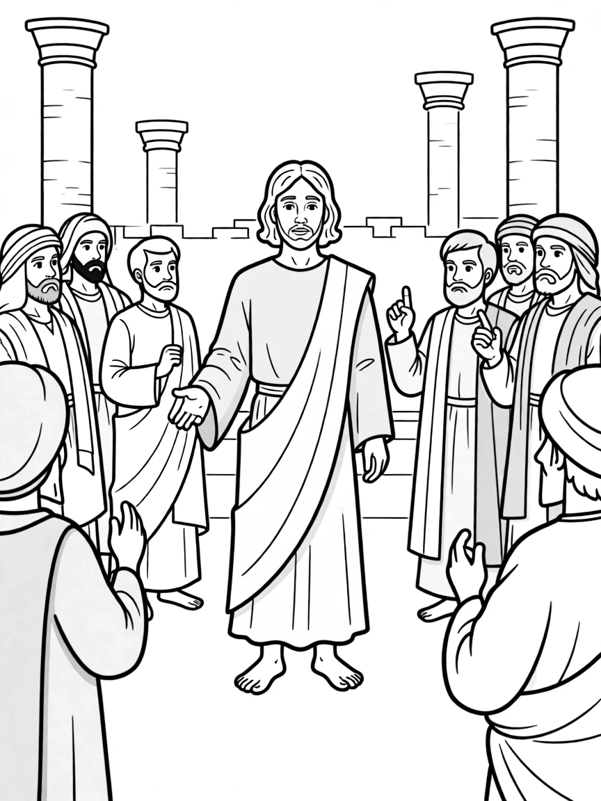 Jesus answering questions from the Pharisees and Sadducees.