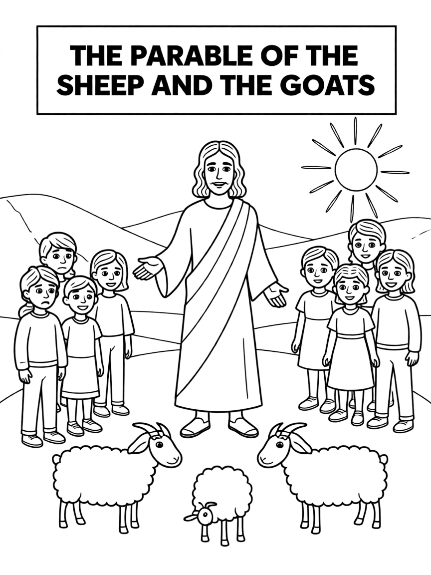 Jesus telling the parable of the sheep and the goats, separating them.