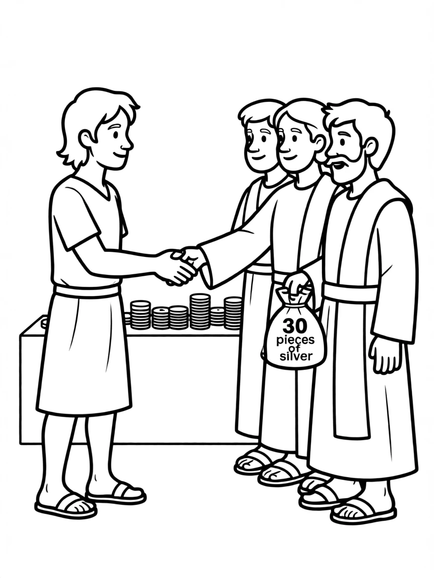 Judas agreeing to betray Jesus for thirty pieces of silver.