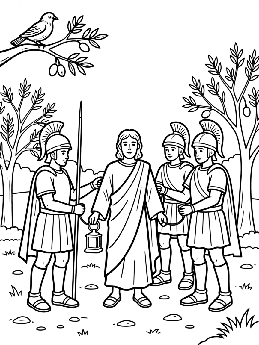 Jesus being arrested by soldiers in the garden.