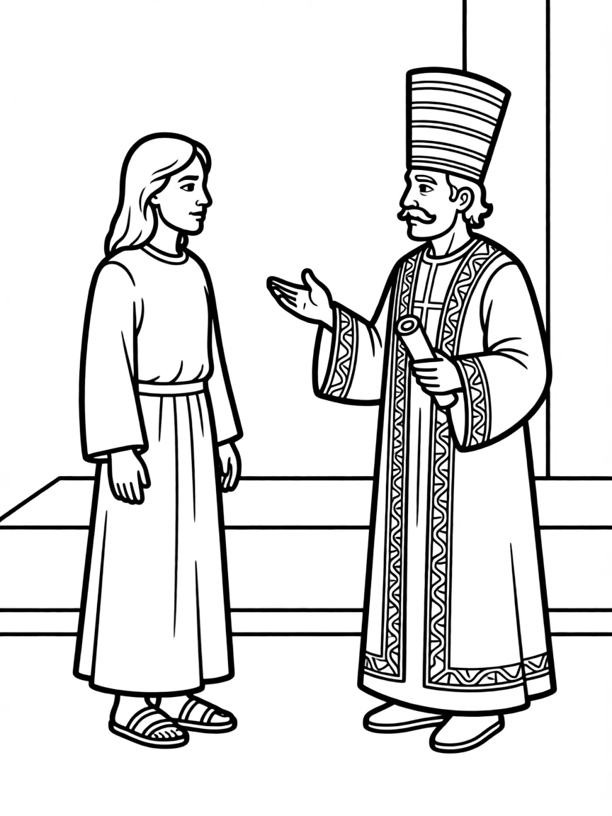 Jesus being questioned by Caiaphas, the high priest.