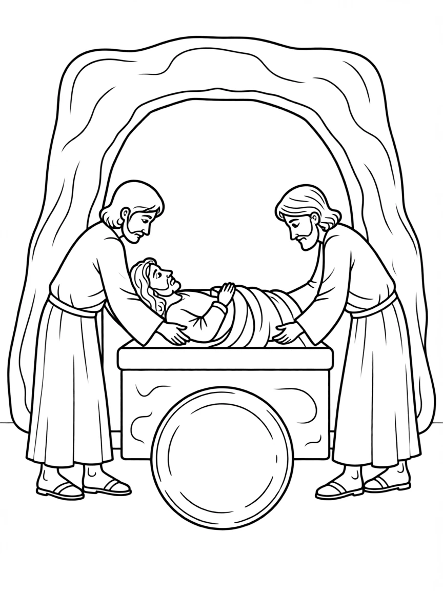Jesus being laid in the tomb.