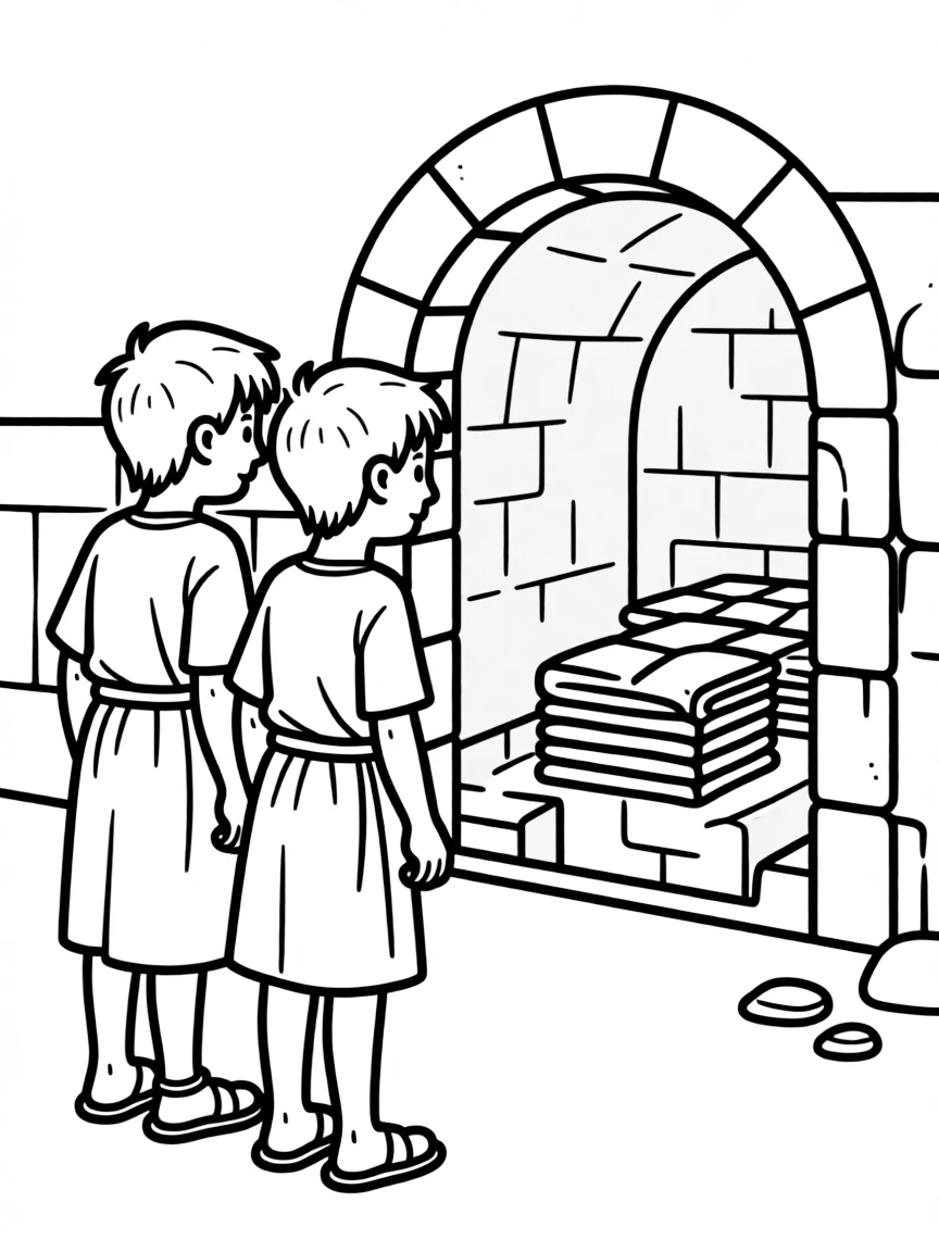 Peter and John looking into the empty tomb at the grave clothes.