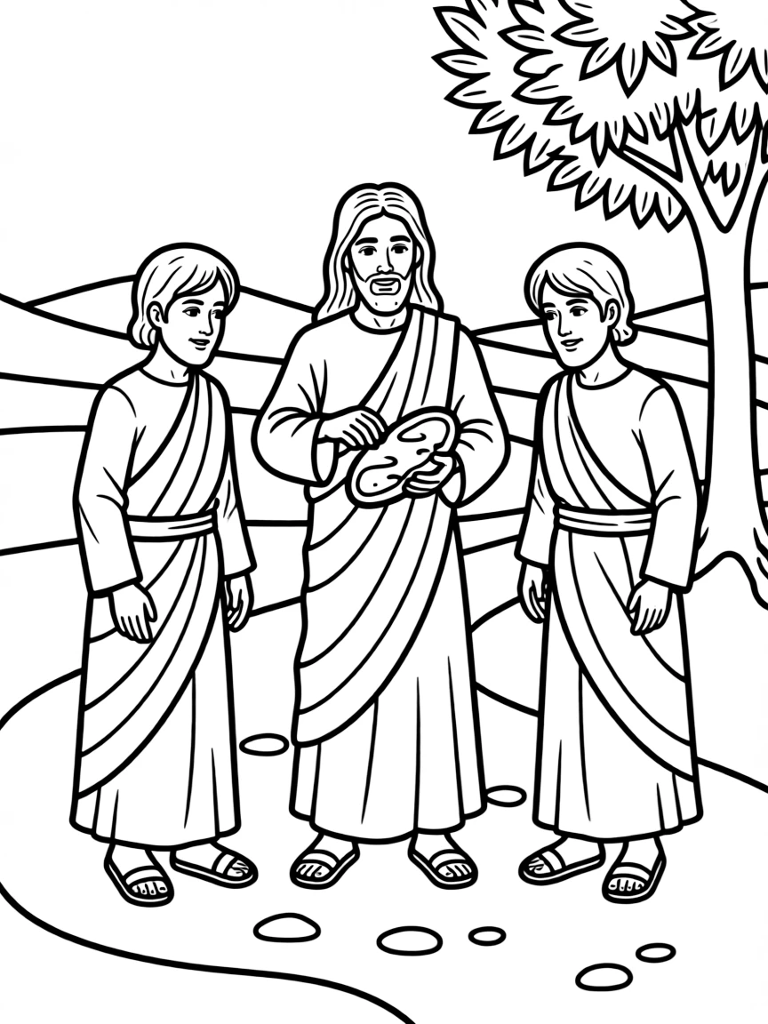Jesus appearing to two disciples on the road to Emmaus, breaking bread.