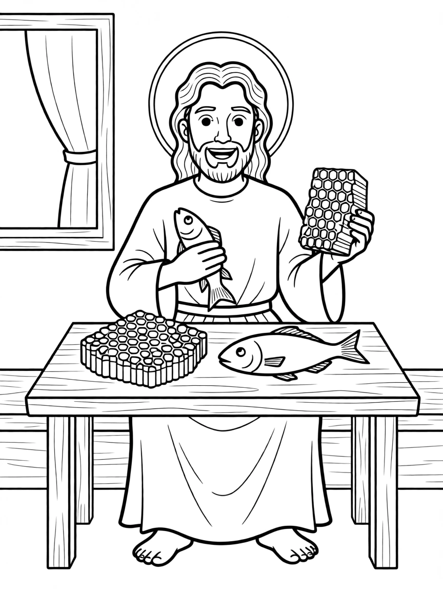 Jesus eating fish and honeycomb to show he is not a ghost.