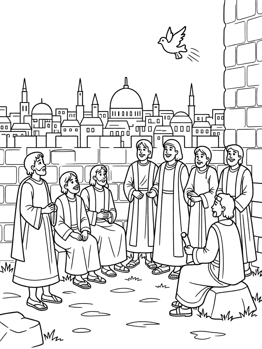 The disciples waiting in Jerusalem for the promise of the Father.
