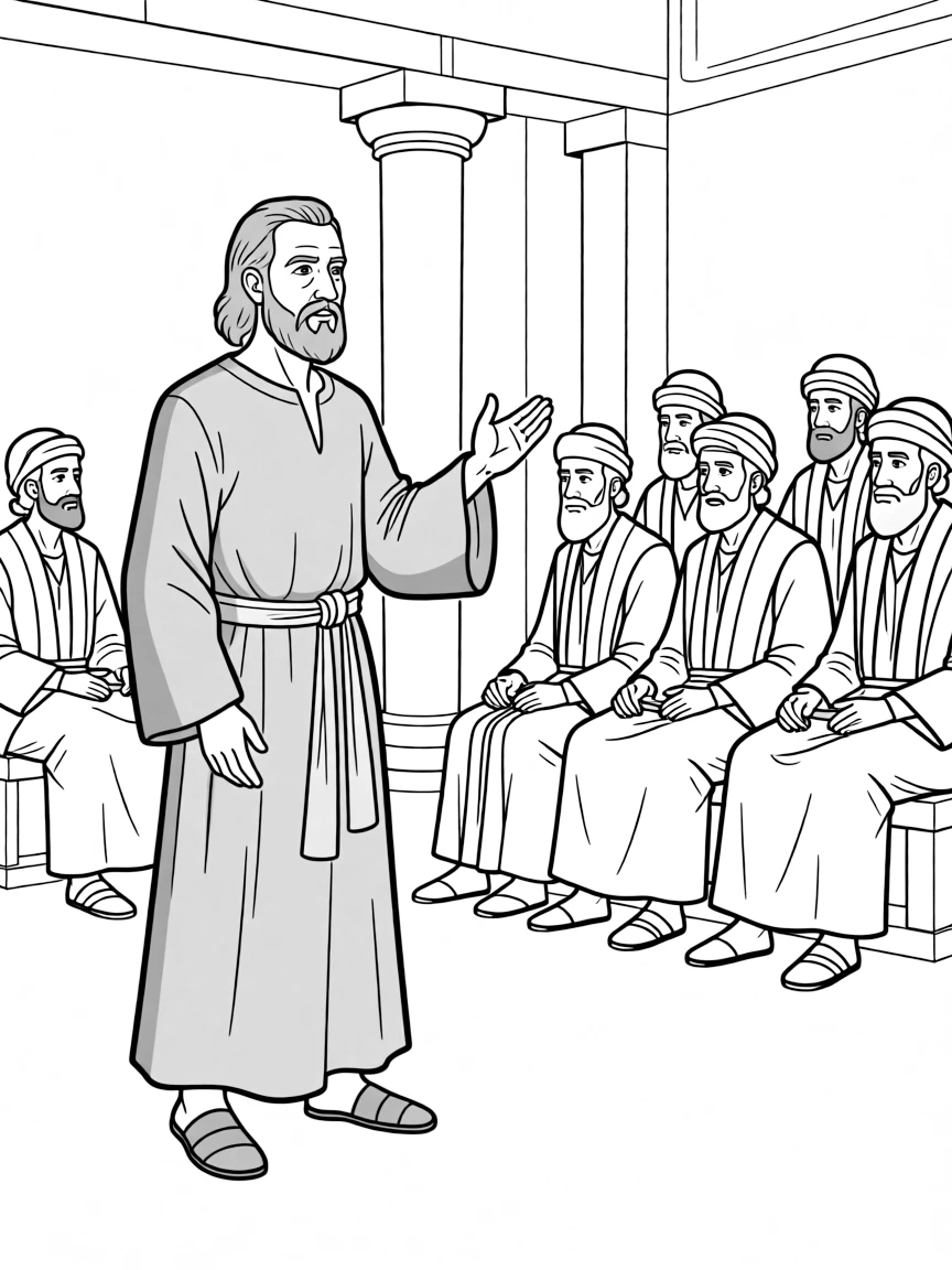 Gamaliel giving wise counsel to the Sanhedrin about the apostles.