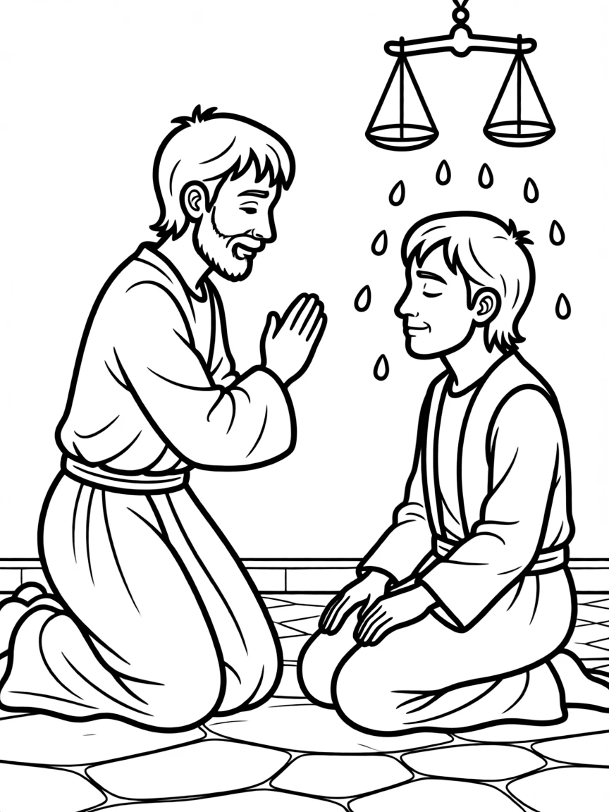 Ananias praying for Saul, and scales falling from his eyes.