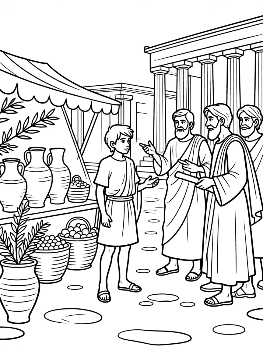 Paul debating with philosophers in the marketplace in Athens.