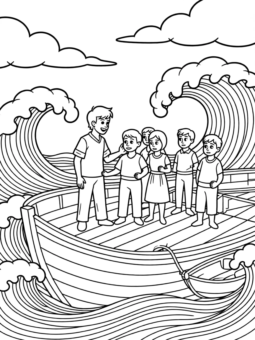 Paul comforting his fellow prisoners during the storm at sea.