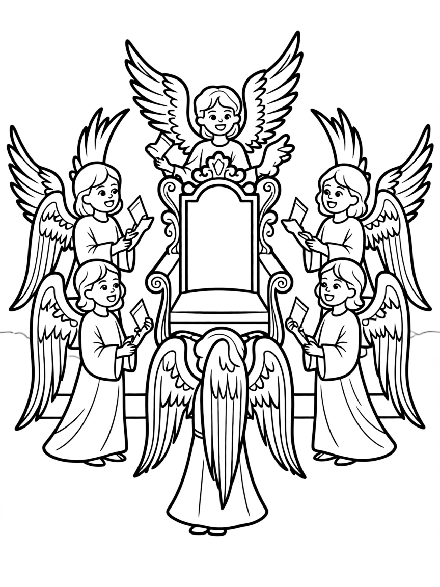 Angels singing a new song around the throne.