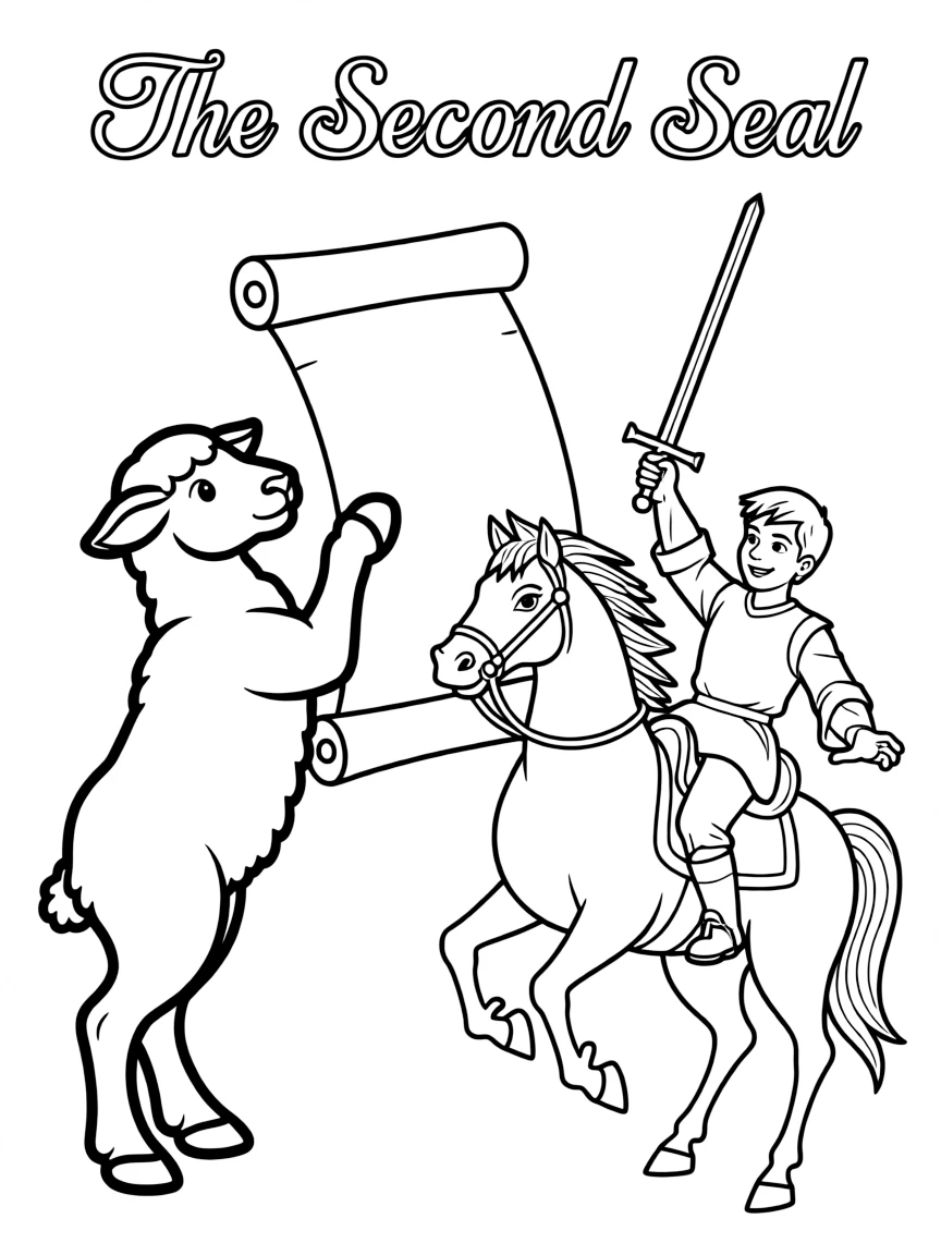 The Lamb opening the second seal, with a rider on a red horse and a sword.