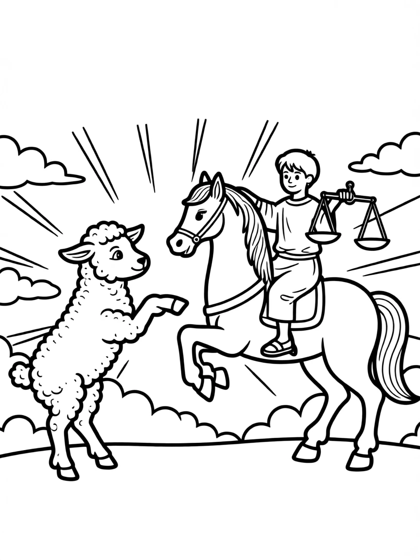 The Lamb opening the third seal, with a rider on a black horse and scales.
