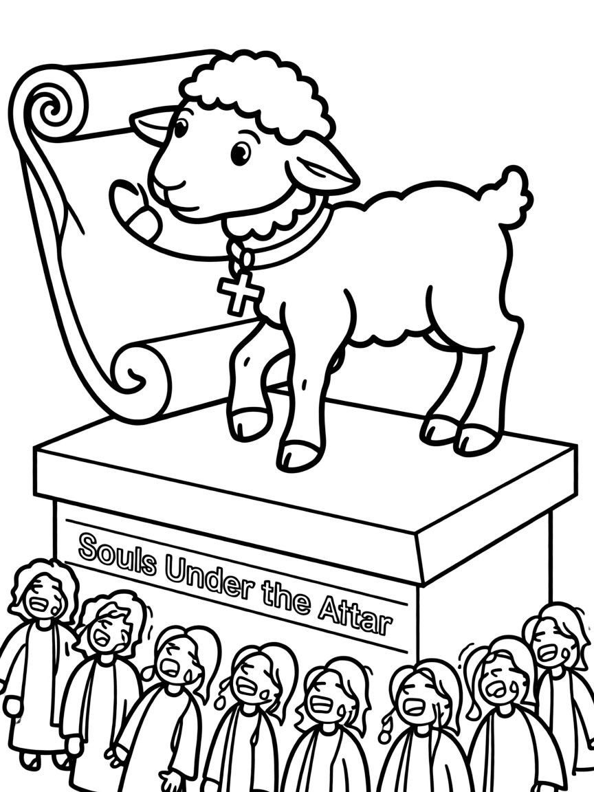 The Lamb opening the fifth seal, with souls under the altar crying out.