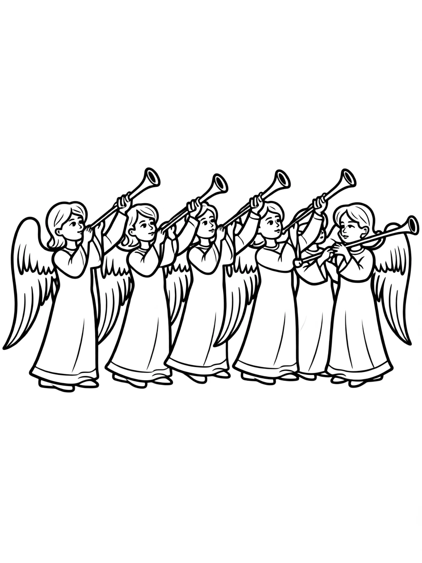 Seven angels with seven trumpets, preparing to blow them.