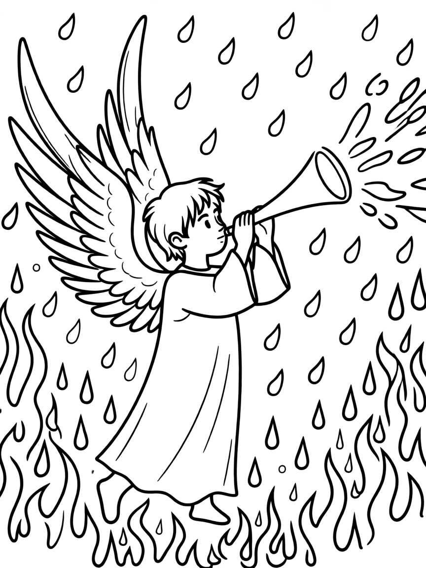 The first trumpet sounding, with hail and fire mixed with blood.