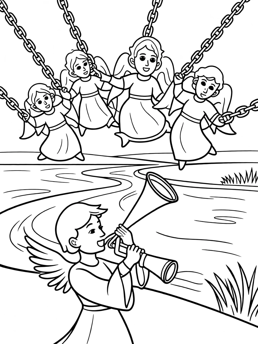 The sixth trumpet sounding, with angels releasing four angels bound at the Euphrates.