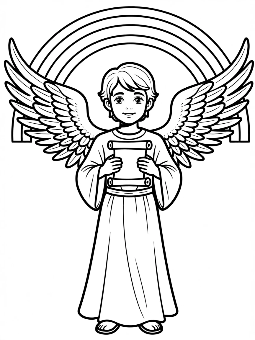 A mighty angel with a rainbow over his head, holding a little scroll.