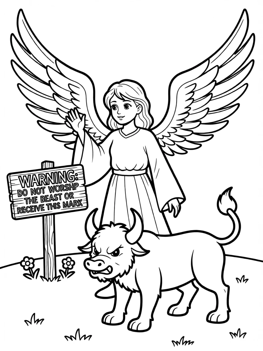 An angel warning about worshiping the beast and receiving its mark.