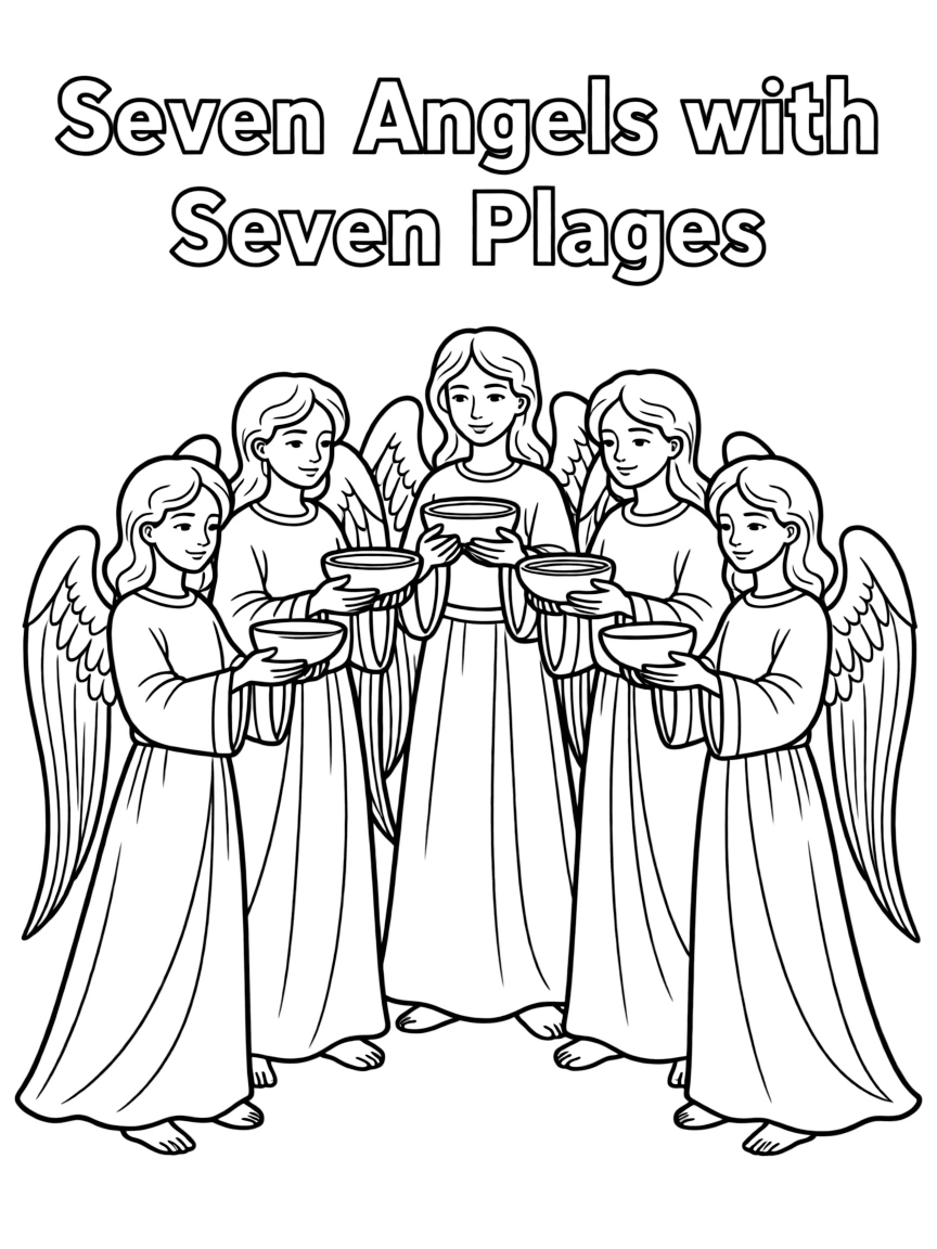 Seven angels with seven plagues, preparing to pour out bowls.