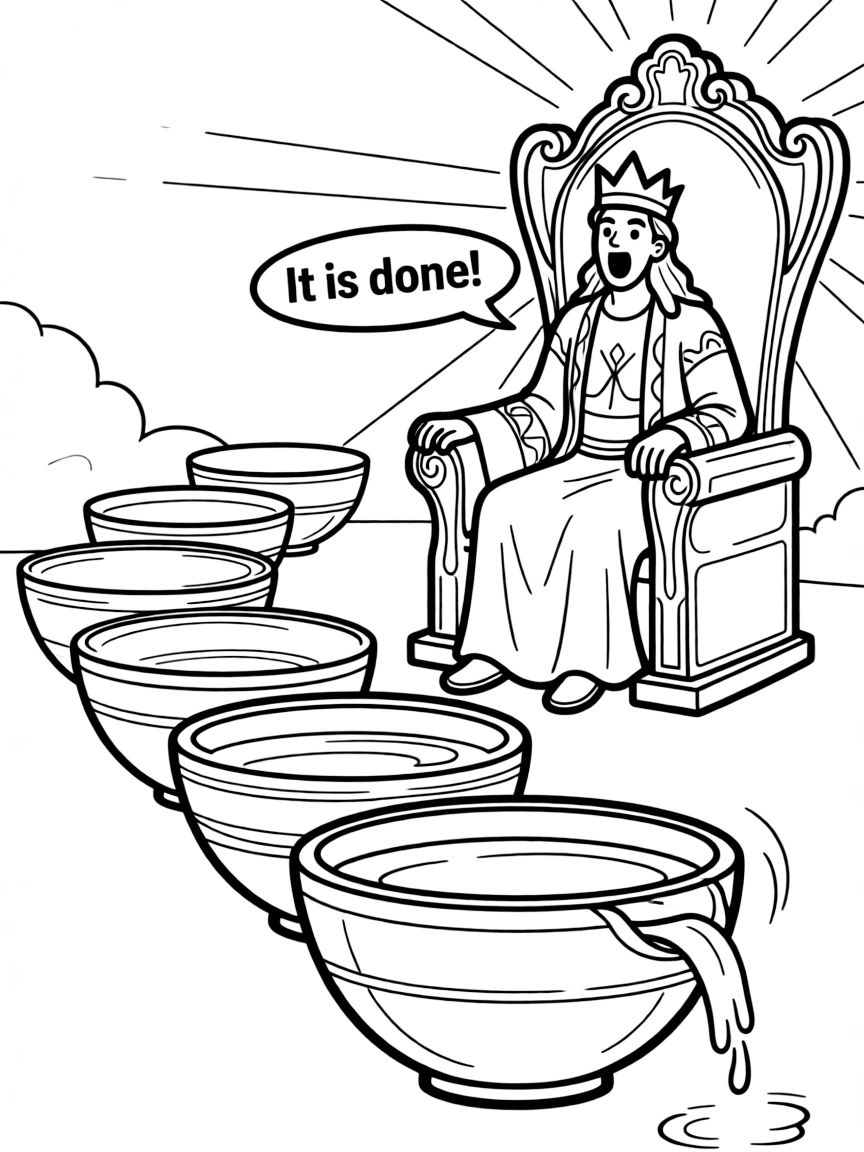 The seventh bowl poured out, with a loud voice from the throne saying, "It is done!"