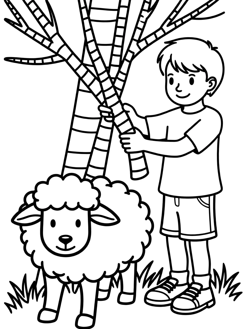 Jacob putting striped branches in front of the sheep.