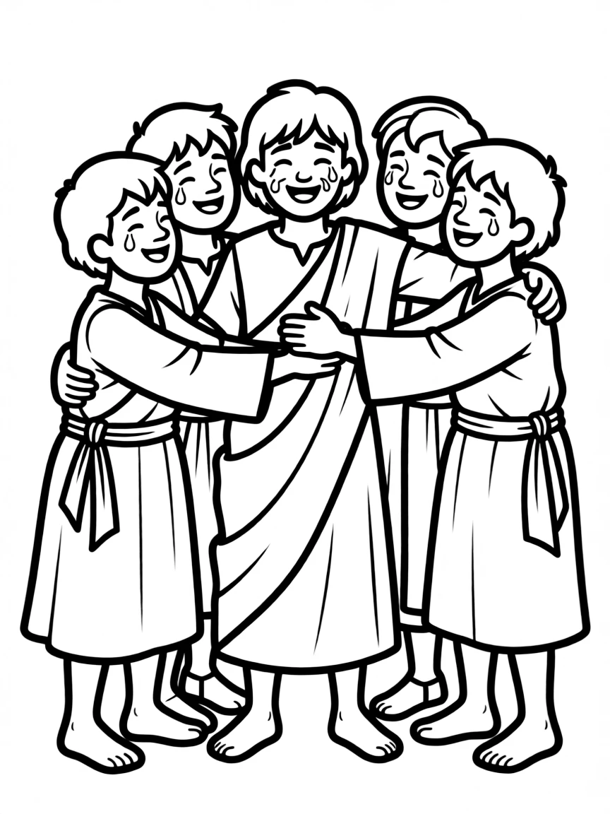 Joseph revealing himself to his brothers, with tears and hugs.