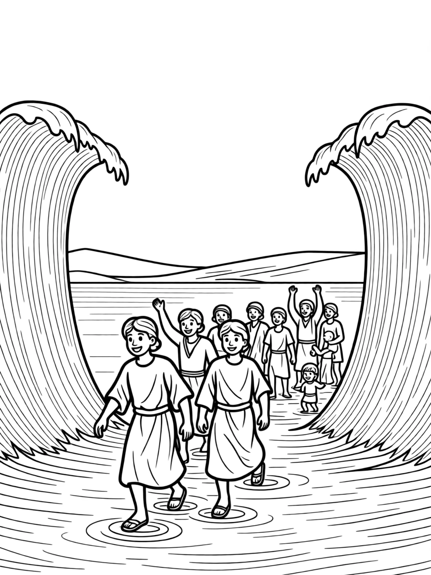 The Israelites crossing the Red Sea with joy and relief.