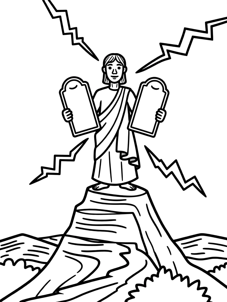 Moses receiving the Ten Commandments on the mountain, with lightning.